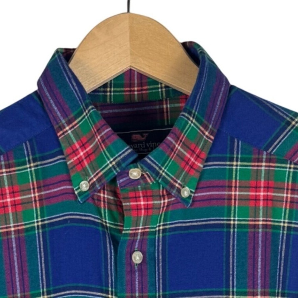 Vineyard Vines Mens Large Whale Shirt Plaid Flannel Button Down Blue Green Red